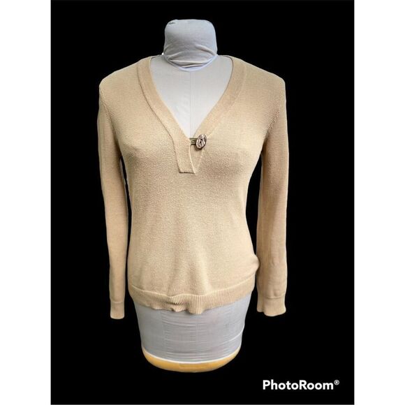 Lauren Ralph Lauren Tan V-Neck 100% Cotton Sweater Tan - Picture 1 of 8